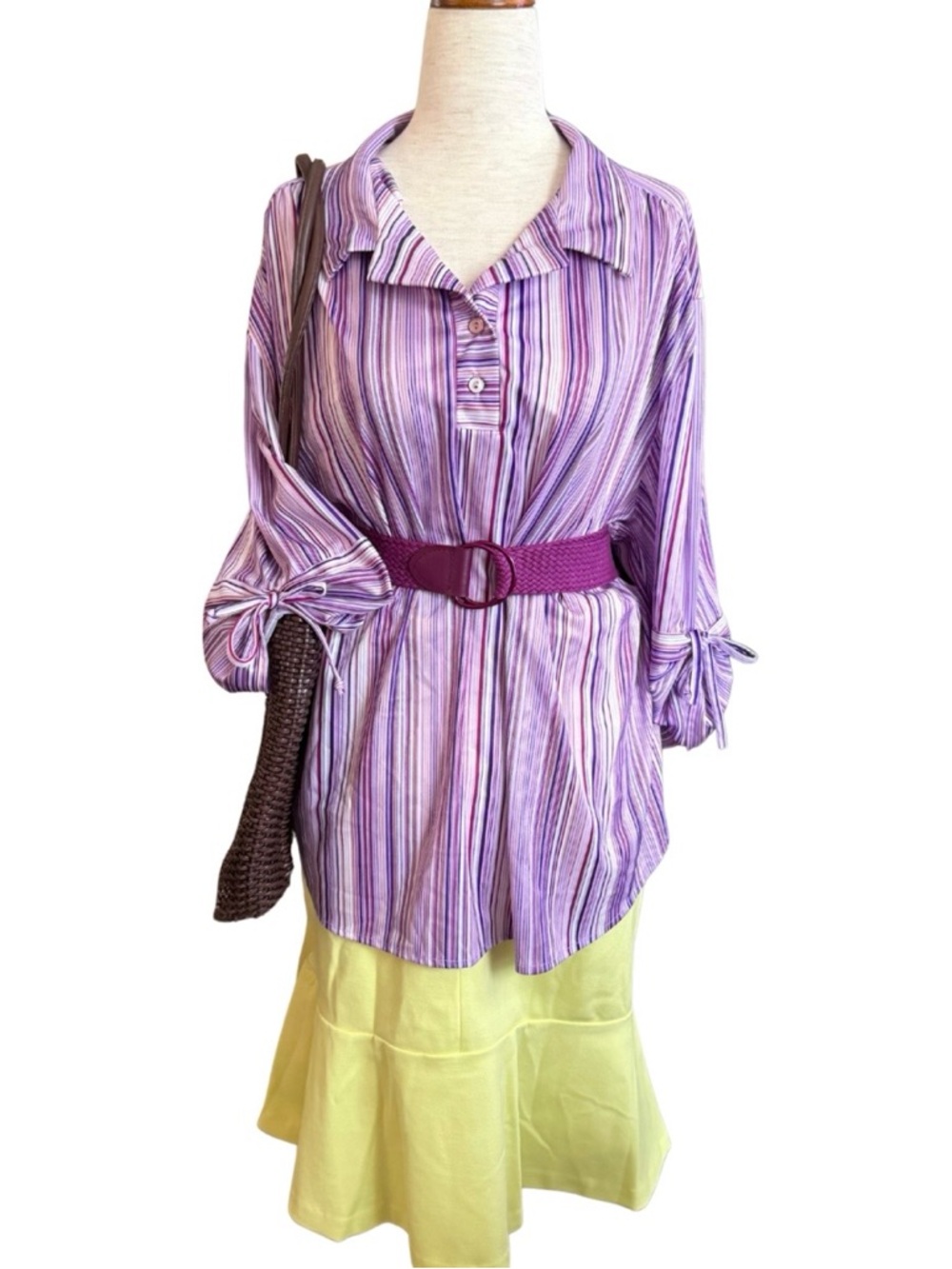 Vintage 90s Stripe Blouse Purple Pink Tie Sleeve Plus Size XL 1X